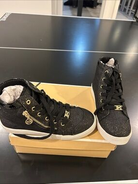 Michael Kors Black Glitter High-Top Sneakers with Gold Accents